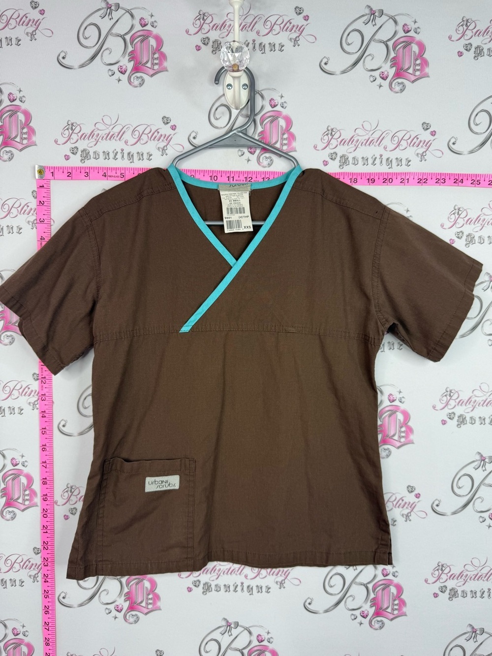 Urbane scrubs shirt y2k blue trim Brown pockets Scrub Top with Teal Trim